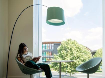 A student sitting at a table. There is a big window in the background with a tree. There is a green lamp overhanging the person. 