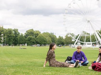 3 students sitting on the grass. Behind them is a ferris wheel. 
